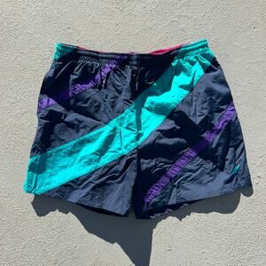 Vintage M sport blue diagonal stripe color block nylon swim trunks